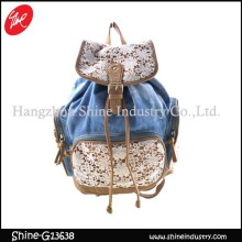 hot sale lace denim fabric fashion backpack for ladies