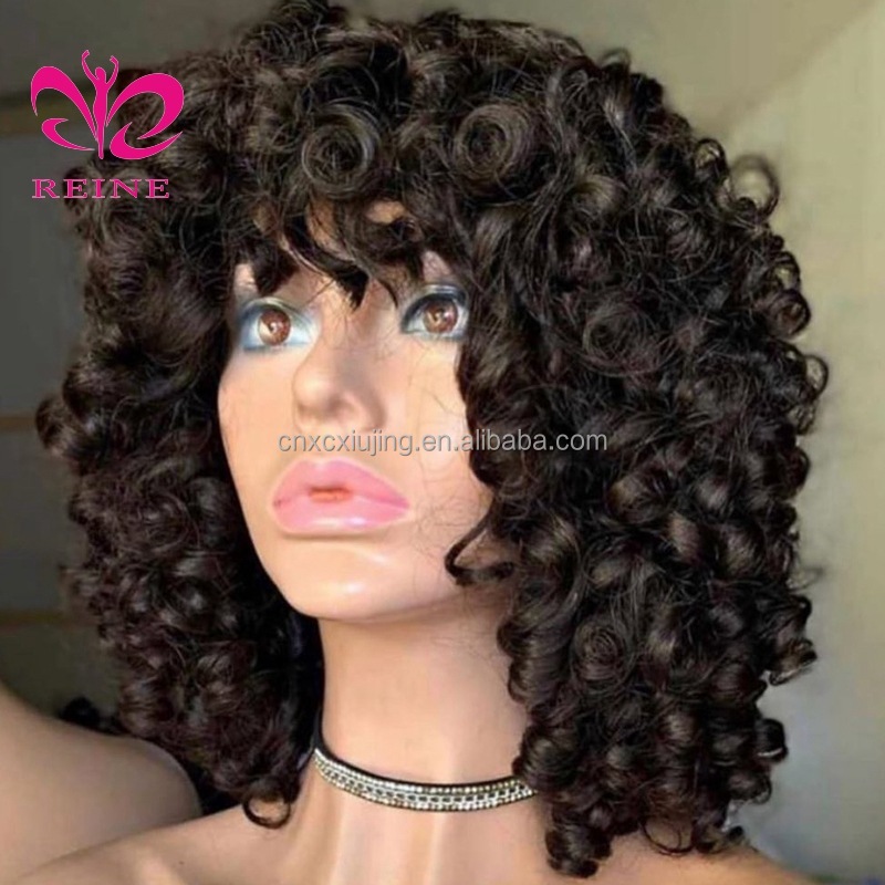 2021 Wholesales 12a Grade Funmi SDD Super Double Drawn Pixie Cut Short Wigs With Bang Human Hair Brazilian Rose Curl Fringe Wigs