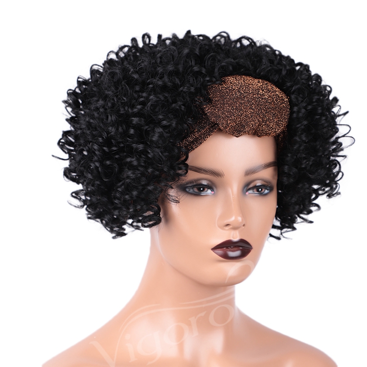 Wholesale Hair Ajustable Grip Cheap Full Attached Kinky Curly For White Black Women Brown Syntehtic Headband Wig