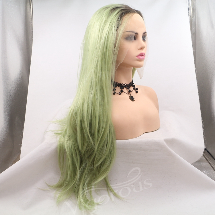 Women's Ombre Green Color 13x3 Lace Front Wigs Long Natural Straight Black To Green Synthetic Wig With Middle Part Ladies Wigs