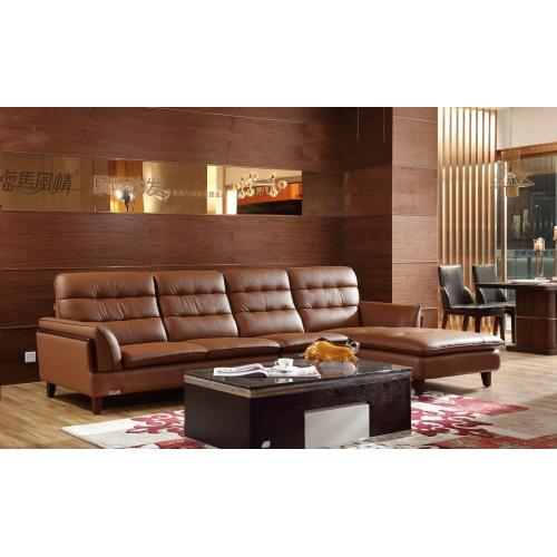 Brown Leather Sofa with Wooden Leg