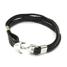 Customize Woven Leather Steel Anchor Hook Mens Bracelet