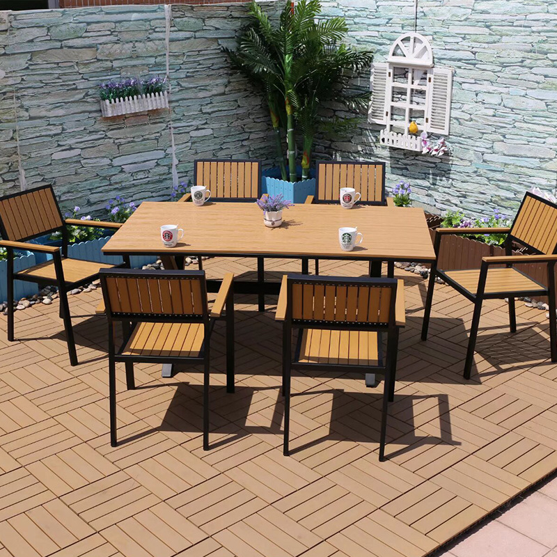 пластыкавы драўляны вулічны крэсла3 Aluminum Alloy Plastic Wood Outdoor Dining Set - Tabletop Slat Detail