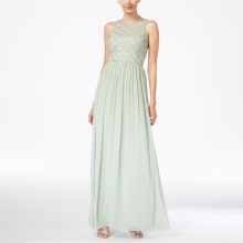 SFL115 Ladies Sleeveless Long Mint Green Emroidery Trim Pleated Dinner Party Dress Chiffon Evening Gown