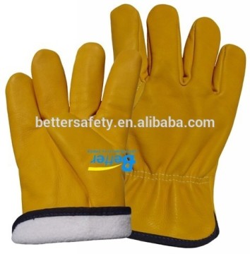 Wing Thumb Yellow Grain Cowhide Leather Driving Gloves Warm lining