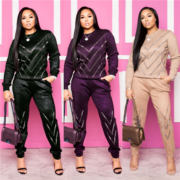 C0479 2020 Fashion women outfit two piece set diamond pullovers 2 piece tracksuit set