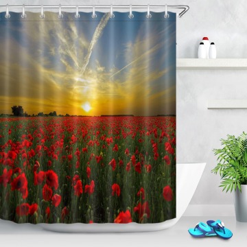 LB Sunset Waterproof Red Poppy Flower Shower Curtain And Bath Mat Set Liner Polyester Bathroom Curtains Fabric for Bathtub Decor