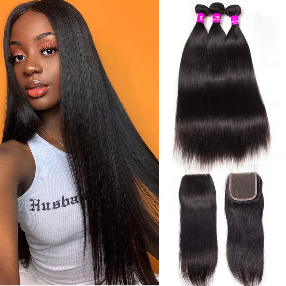 10A Grade Cuticle Aligned Straight Human Hair Bundles With Closure,Silky Straight Mink Brazilian Hair Extension