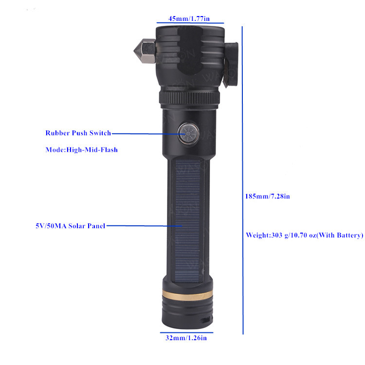 Factory OEM/ODM Multifunction Outdoor Survival Rescue Emergency Solar Rechargeable Flashlight With Knife Hammer And Compass