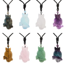 Gemstone Handmade Craved Owl Pendant Necklace Adjustable Rope