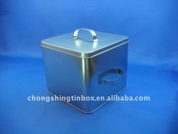 Square tin biscuit box with handle