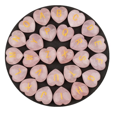 Gemstone Carving Heart Beads Natural Stone Rose Quartz Engraved English Letter Beads Crystal 30MM Rose Quartz Heart Ornament