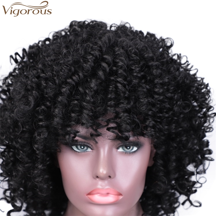 Free sample Black Short Kinky Curly Synthetic Wigs With Bangs For Black Women Glueless Heat Resistant fiber lace front Hair Wigs