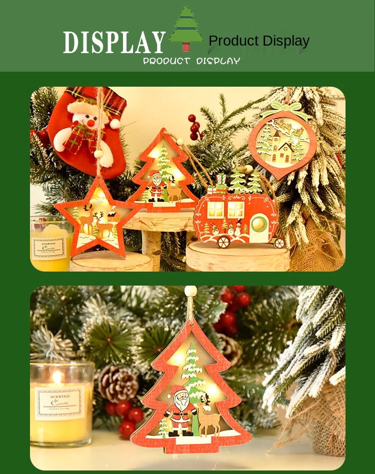 Popular New Christmas Decorations Wooden Luminous Pendant Creative with Light Small Tree Five-Pointed Star Ornaments