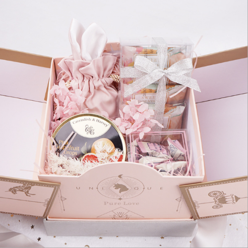 kotak hadiah pintu ganda desain merah muda untuk parfum lilin