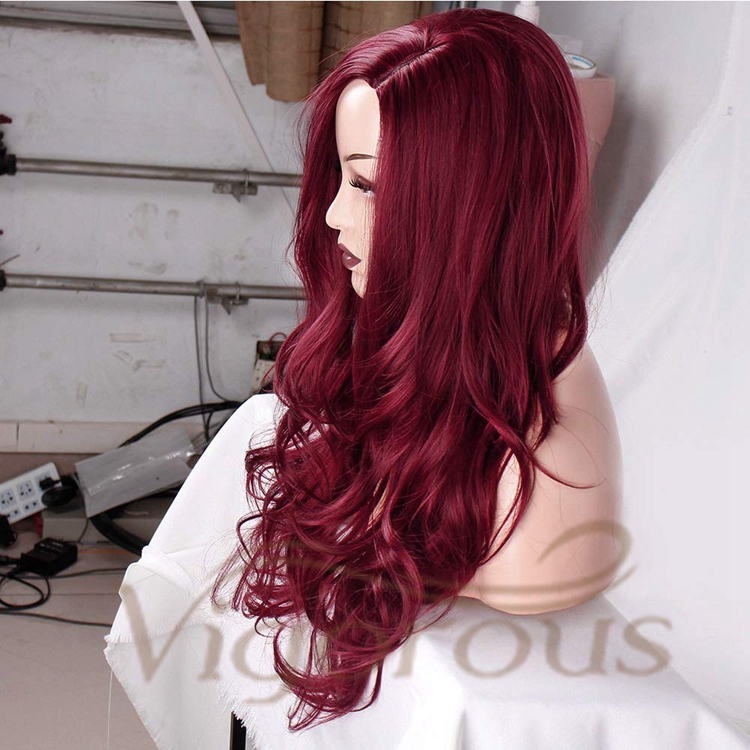 Vigorous Wholesale Cheap Side Part Burgundy Heat Resistant Fiber Body Wave Machine Made For Black Women Synthetic Hair Wigs