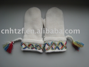 knitted mittens with hand crochet flower
