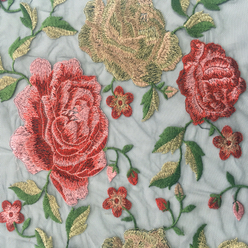 Gorgeous Rose Embroidery On Black Nylon Mesh Fabric