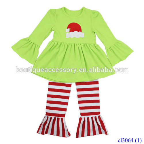 Little Girl Boutique Remake Clothing, Green Long Shirt & Horizontal Stripe Red Ruffle Pants
