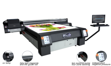 Wide format industrial digital printers with UV curing inks