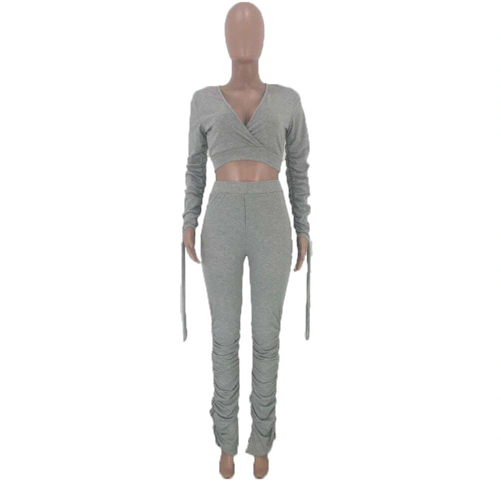 Sexy V Neck Grey Elastic Polyester Cotton Grey Women Sweat Ruched Stacked Pants