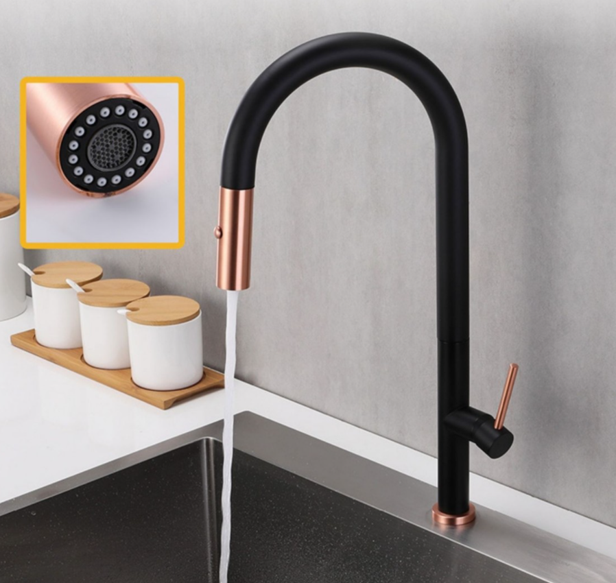 2021 robinets d&#39;évier coulissants dorés de luxe tirez le robinet de cuisine noir mat avec pulvérisateur rétractable