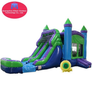 Bounce House Obstacle Course: Green & Purple Wet&Dry Inflatable Bouncy Castle with Water Slides