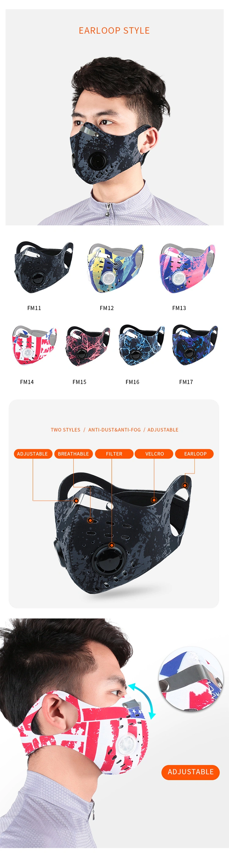 Wholesale Unisex Washable Reusable Outdoor Breathable Running Cycling Sports Face Mask with Filters