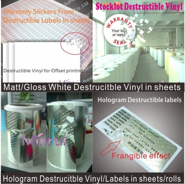 100 micron smooth surface high quality destructible label papers in rolls or in sheets