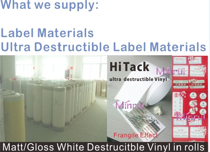 100 micron smooth surface high quality destructible label papers in rolls or in sheets