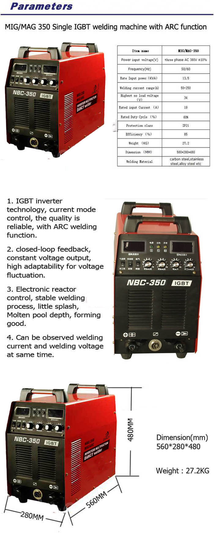 NBC 350 mig/mag/arc welding machine specification