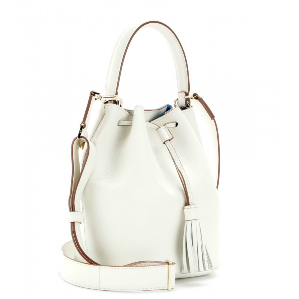 White Crossbody Leather Bags Gionar Handbag , Leather Bucket Bag With Decorative Tassels