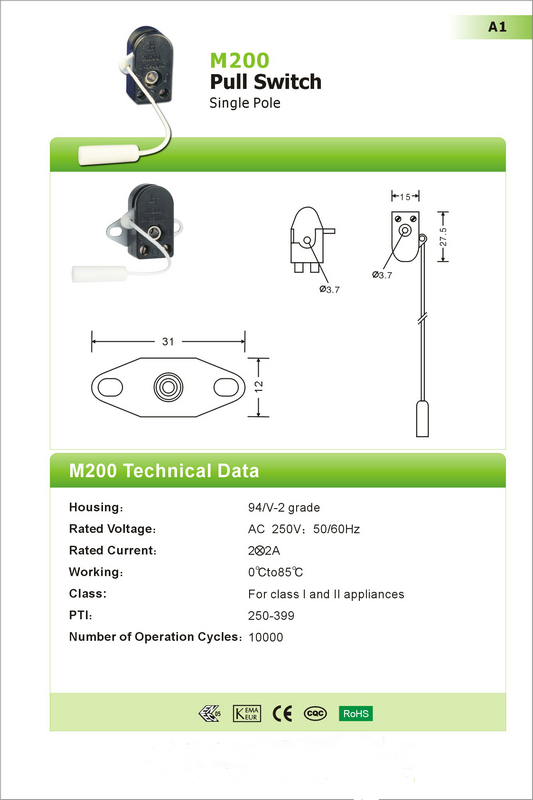 Wall Mounted Single Pole Cord Switch , Bathroom Pull Cord Switches