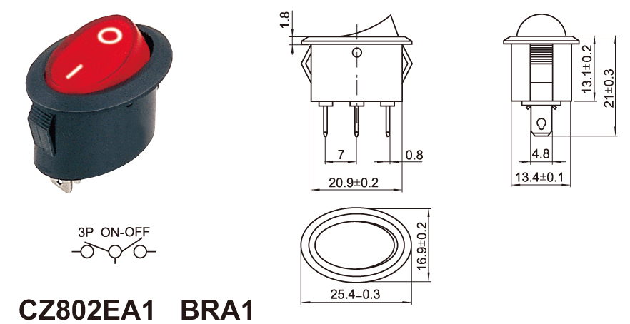 High Current 6A Three Way Boat Rocker Switch With Three Terminals