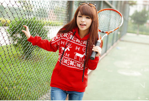 Long Sleeve Women / Ladies Hooded Sweatshirts , Red / White