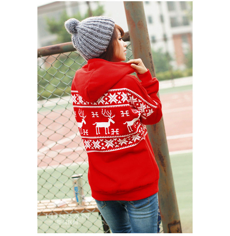 Long Sleeve Women / Ladies Hooded Sweatshirts , Red / White