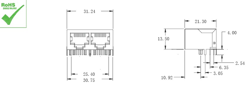 Network Switch 2 Port RJ45 Connector With Integrated Magnetics 90 Degree