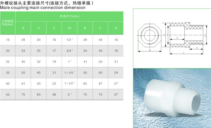 PVDF pipe fitting male adaptorsocket fusion 20mm-63mm, PVDF piping PN16