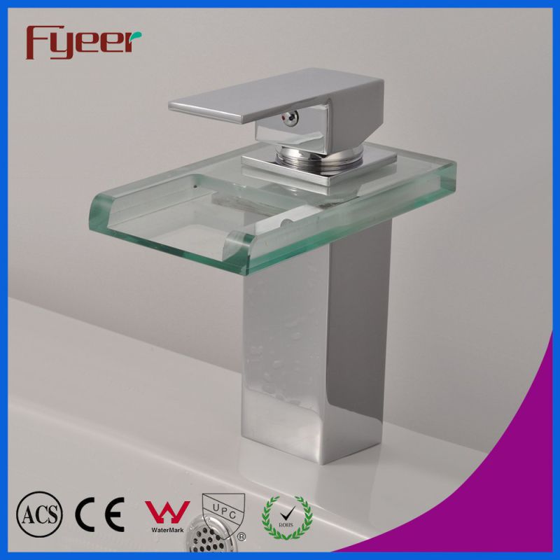 Fyeer Chrome Plated Square Glass Waterfall Spout Single Handle Brass Wash Basin Faucet Sink Water Mixer Tap Wasserhahn