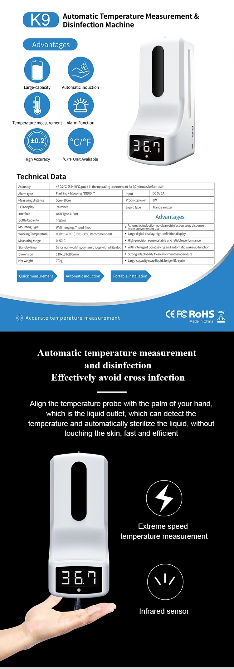 Automatic Sensor Temperature Measurement Hand Sanitizer Dispenser