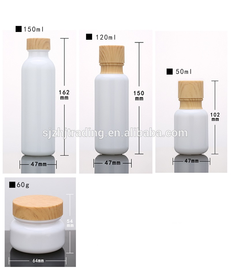 White glass bottles jars with wood grain cap