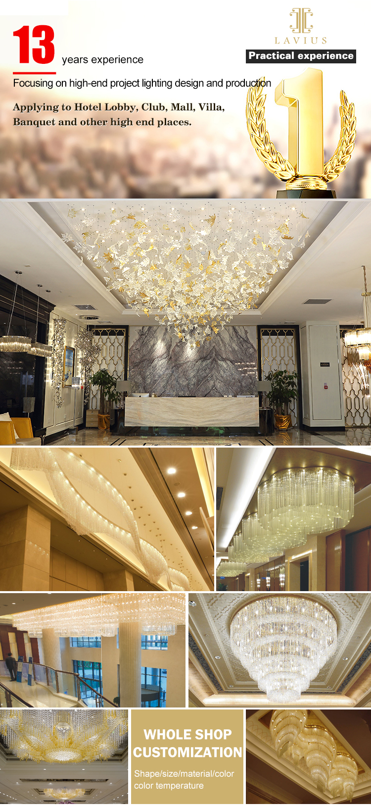 Custom large crystal chandelier for hotel lobby