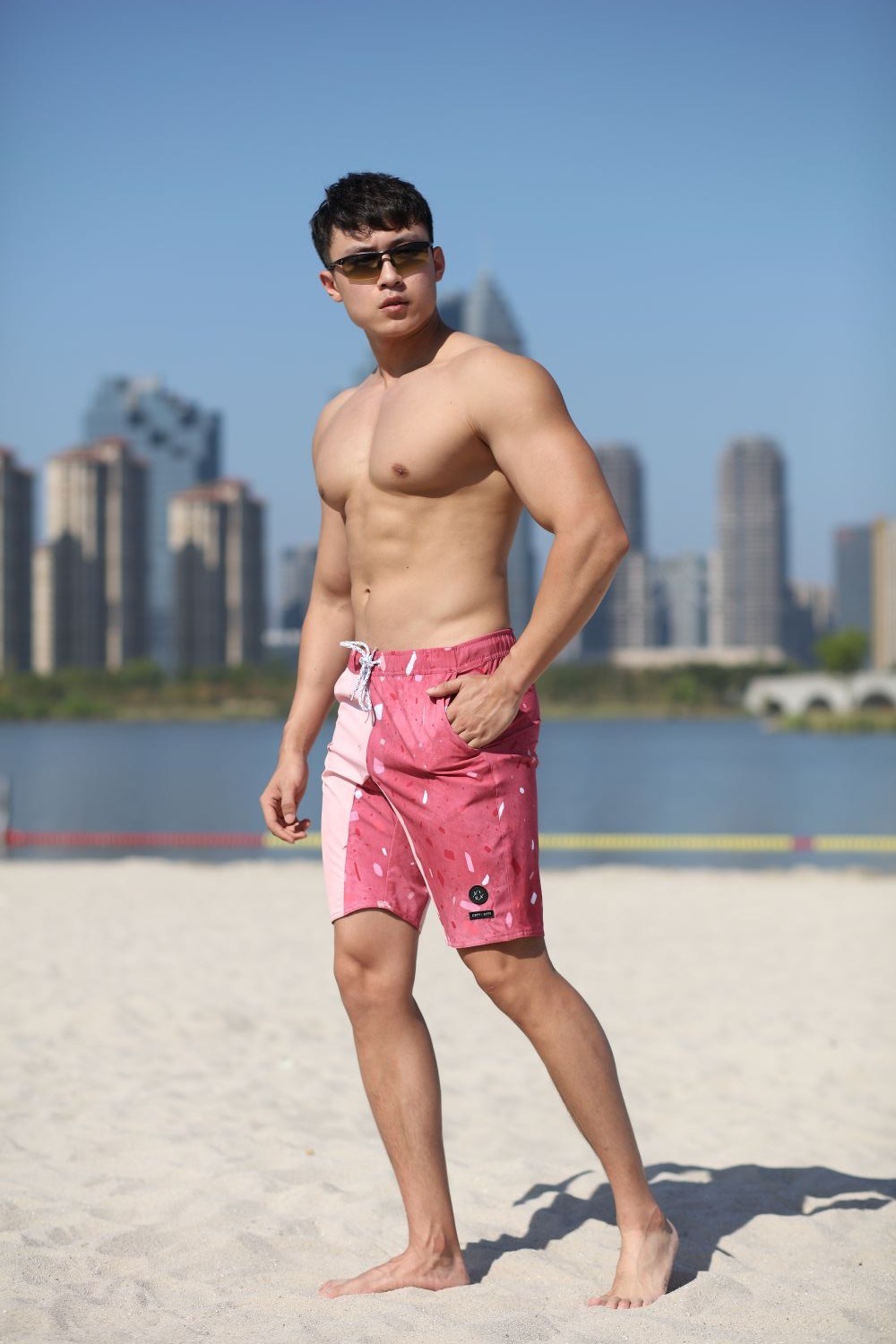 190GSM 4way Stretch Digital Print Quick Dye Full Elastic Waist Hot Heat Pocket Swimshort da uomo