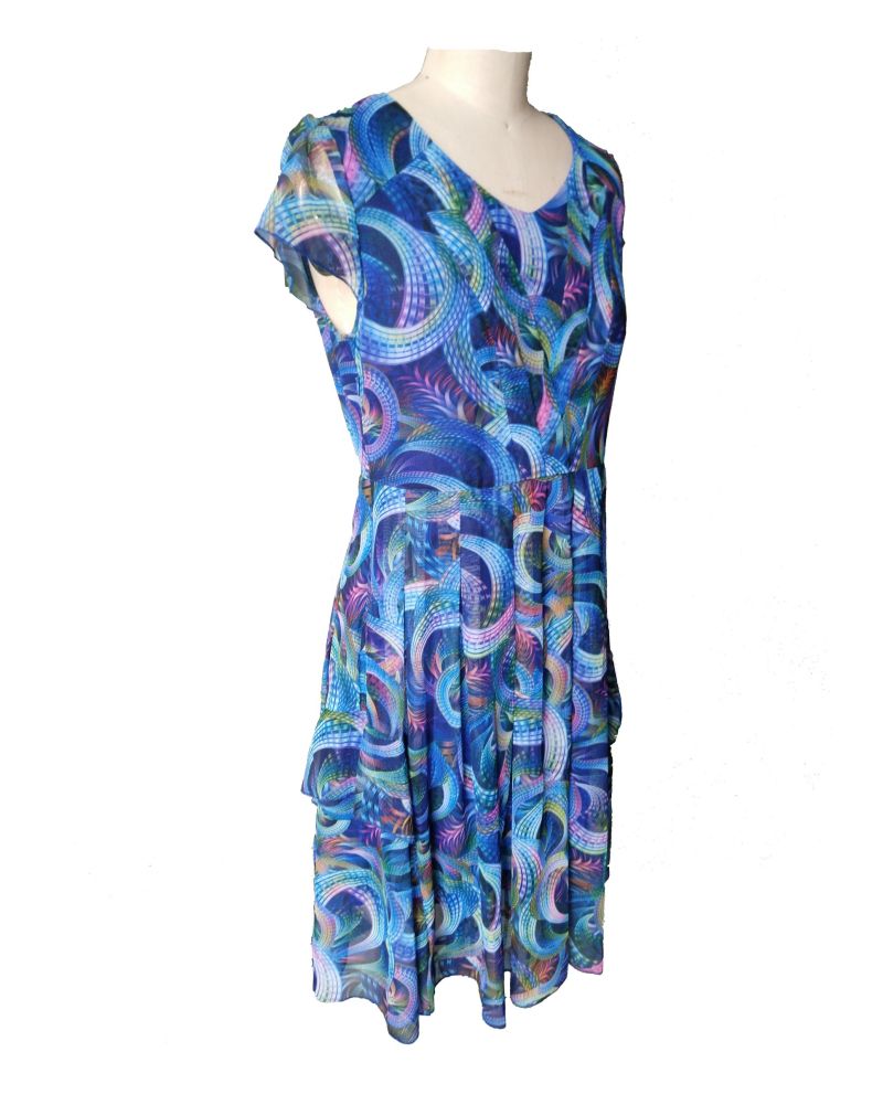 Summer Printed Geometrical Pattern V Neck Short Sleeve Pleated Women's Dress