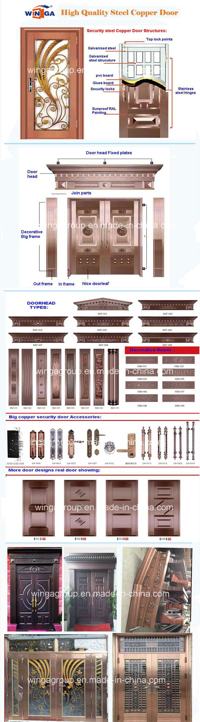 with Decorative Glass Security Steel Metal Iron Copper Door (W-GB-02)