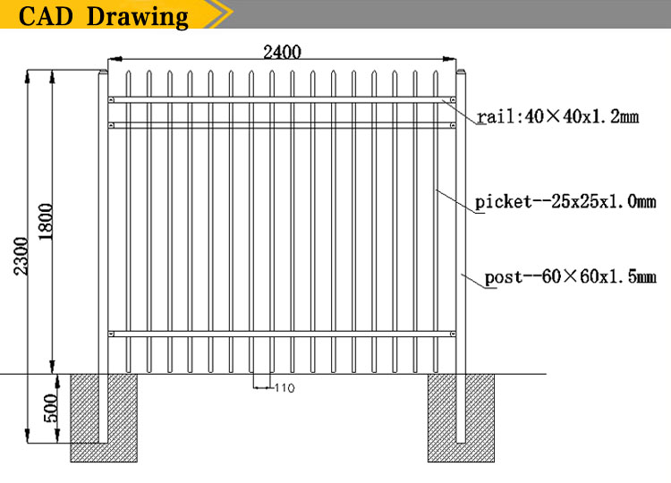 Black Powder Coated Hot DIP Galvanized Durable Metal 3 Rail Fence
