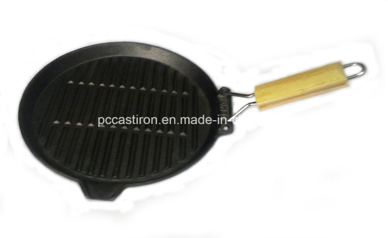 Round Oil Finished Cast Iron Skillet with Wooden Handle
