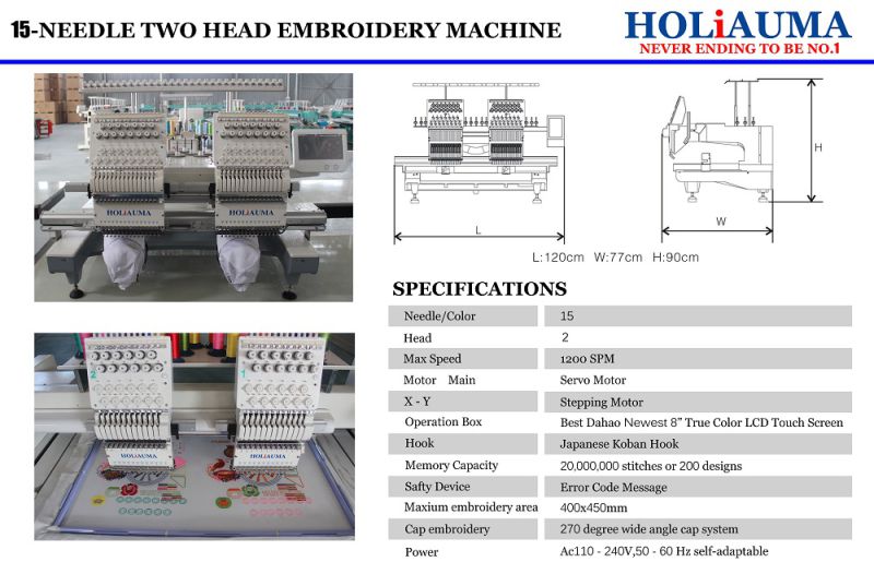 The Best Two Head 15 Colors Embroidery Machine for Multi Functions Cap/T-Shirt/Flat Garment/Towel/3D Embroidery