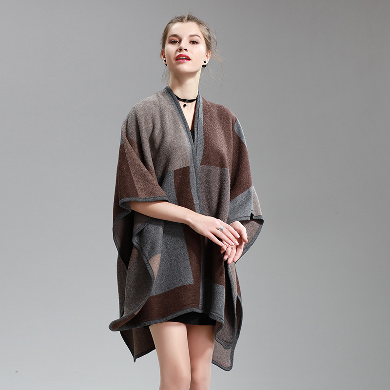 Womens Cashmere Feel Checked Printing Fancy Cape Stole Poncho Shawl (SP296)