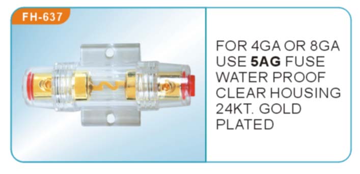 Auto Fuse for 4ga or 8ga Use 5AG Fuse Water Proof Clear Housing 24kt. Golg Plated